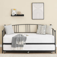 Black twin metal daybed frame with pullout trundle and headboard for versatile use.