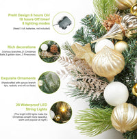 Garvee Christmas Wreath for Front Door, 24 Inch Outdoor Christmas Wreath, Battery Operated Xmas Wreath with Gold White Ball Ornaments Pine Cones and 20 LED Lights for Home Holiday Decor