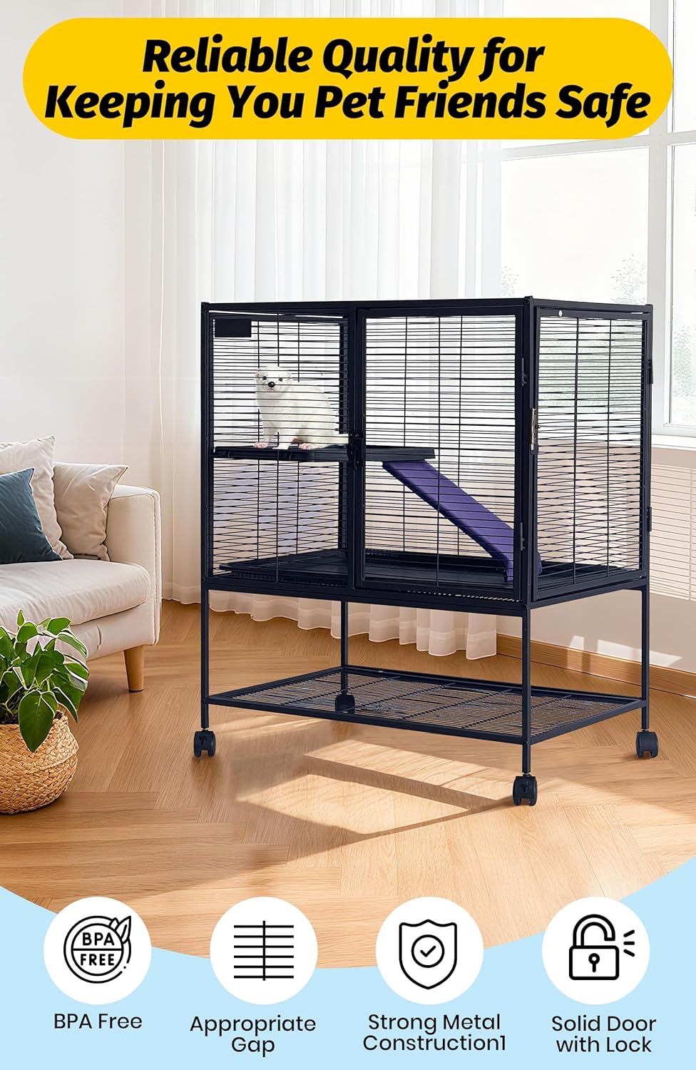 Garvee 34in Multi-Level Metal Small Animal Cage with Removable Tray & Lockable Doors, BPA-Free Wire, Soft Ramps & Hammock, Wheels & Storage Shelf, Indoor Use for Ferrets & Rabbits