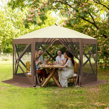 Garvee 10x10ft Portable Pop-Up Camping Gazebo - 6-Sided Canopy Screen Tent with Mesh Windows & Carry Bag for Outdoor, Picnic, Backyard Party, Brown