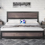 Garvee Queen Bed Frame with Charging Station, Rivet Design, Industrial Style, Strong Slats, No Box Spring, Noise Free, Easy Assembly (Gray) - Gray Wood Grain
