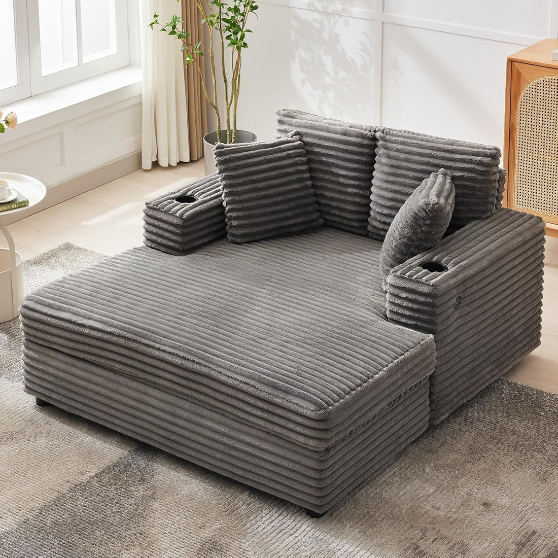 Garvee Oversized Chaise Lounge Chair Indoor, 60 Inch Upholstered Sofa Bed with Throw Pillows and Armrests, Comfy Corduroy Sleeper Couch for Living Room, Bedroom, Office, Gray