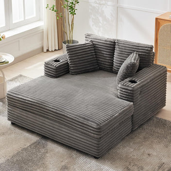 Garvee Oversized Chaise Lounge Chair Indoor, 60 Inch Upholstered Sofa Bed with Throw Pillows and Armrests, Comfy Corduroy Sleeper Couch for Living Room, Bedroom, Office, Gray