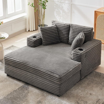 Garvee Oversized Chaise Lounge Chair Indoor, 60 Inch Upholstered Sofa Bed with Throw Pillows and Armrests, Comfy Corduroy Sleeper Couch for Living Room, Bedroom, Office, Gray