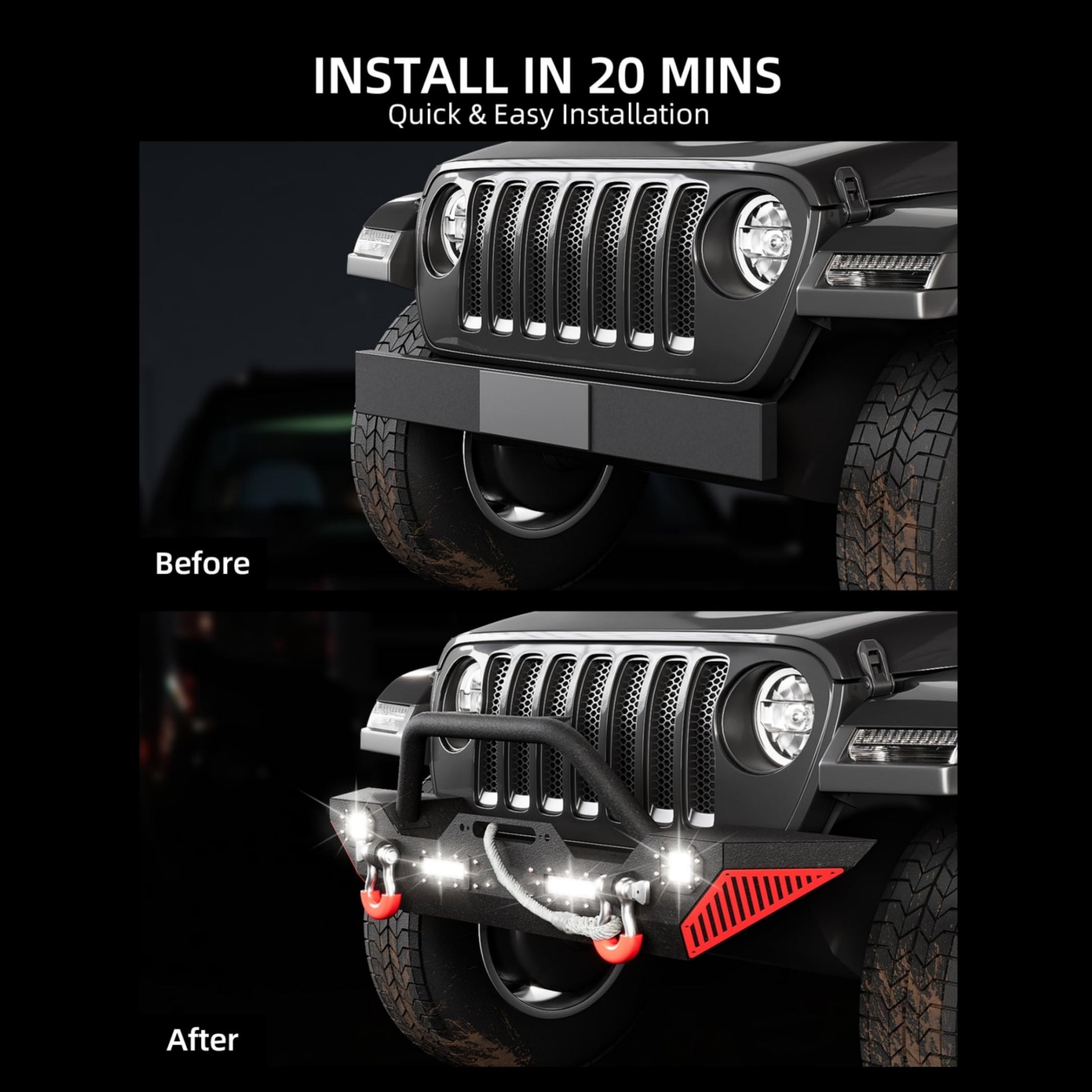 Garvee Front Bumper Compatible with 2018-2024 Jeep Wrangler JL/ 2020-2023 Jeep Gladiator JT, Off Road Bumper Paintable Armor W/Winch Plate & 4 LED Lights & D-rings