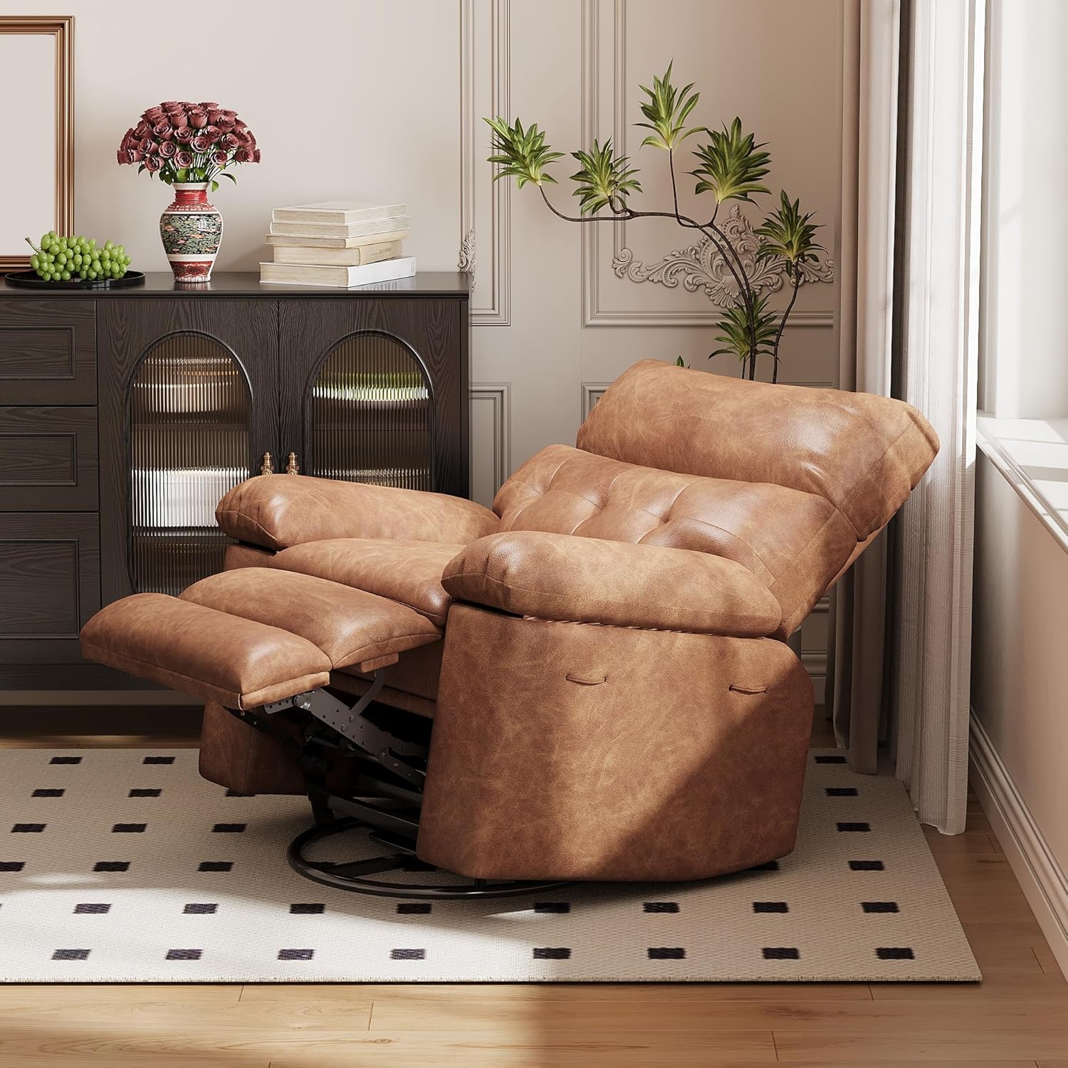 Garvee Extra Wide Comfort Recliner Chair for Adults - Oversized Manual PU Leather Sofa - Overstuffed Arms & Back, Cup Holder, Retractable Armrests, Side Pocket - Living Room, Bedroom, Nursery - Brown