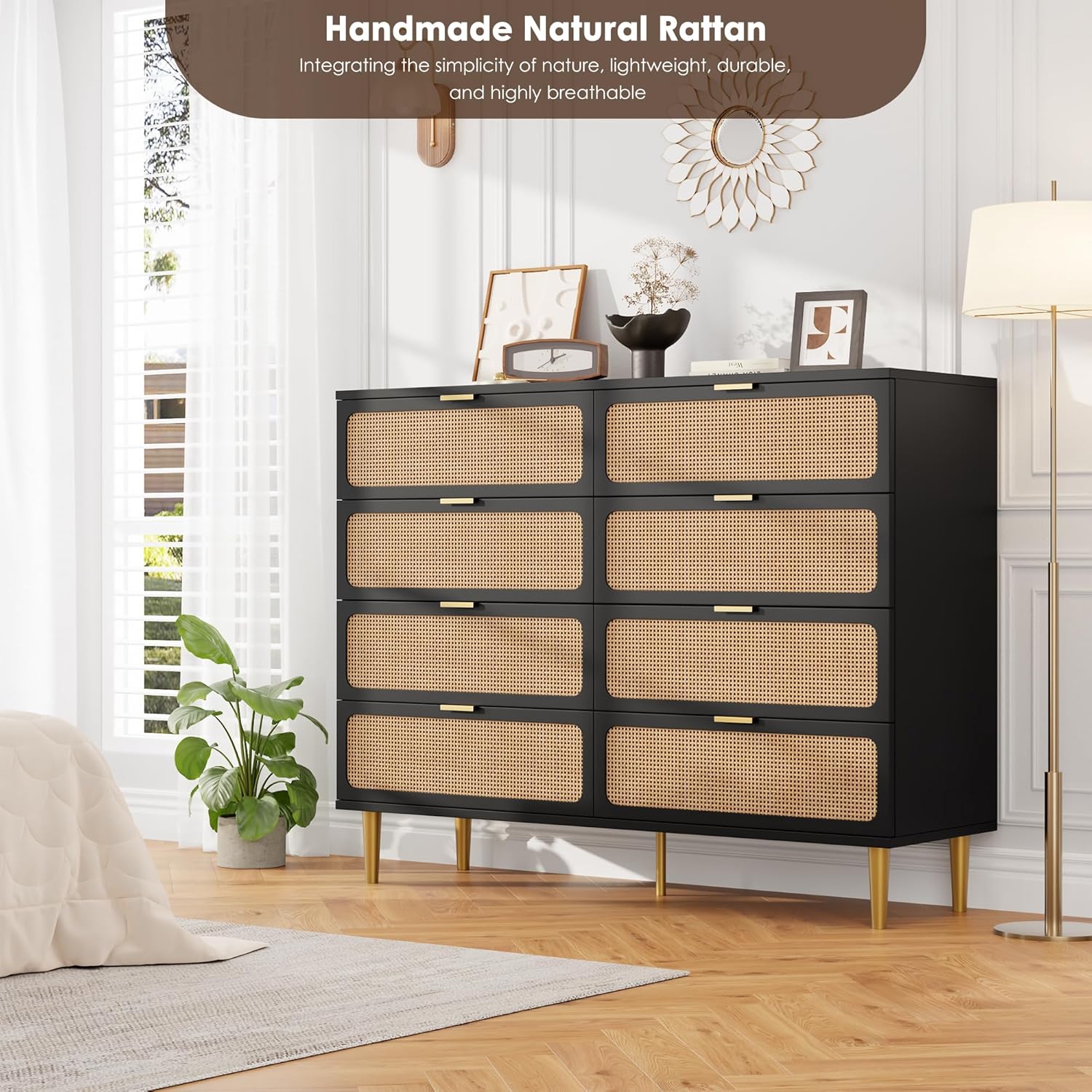 Garvee Rattan 8 Drawer Dressers for Bedroom, Tall Dresser with Deep Drawers, Large Chest of Drawers for Closet with Wide Top, Long Wooden Dresser for Living Room, Hallway, Kids Room, Black