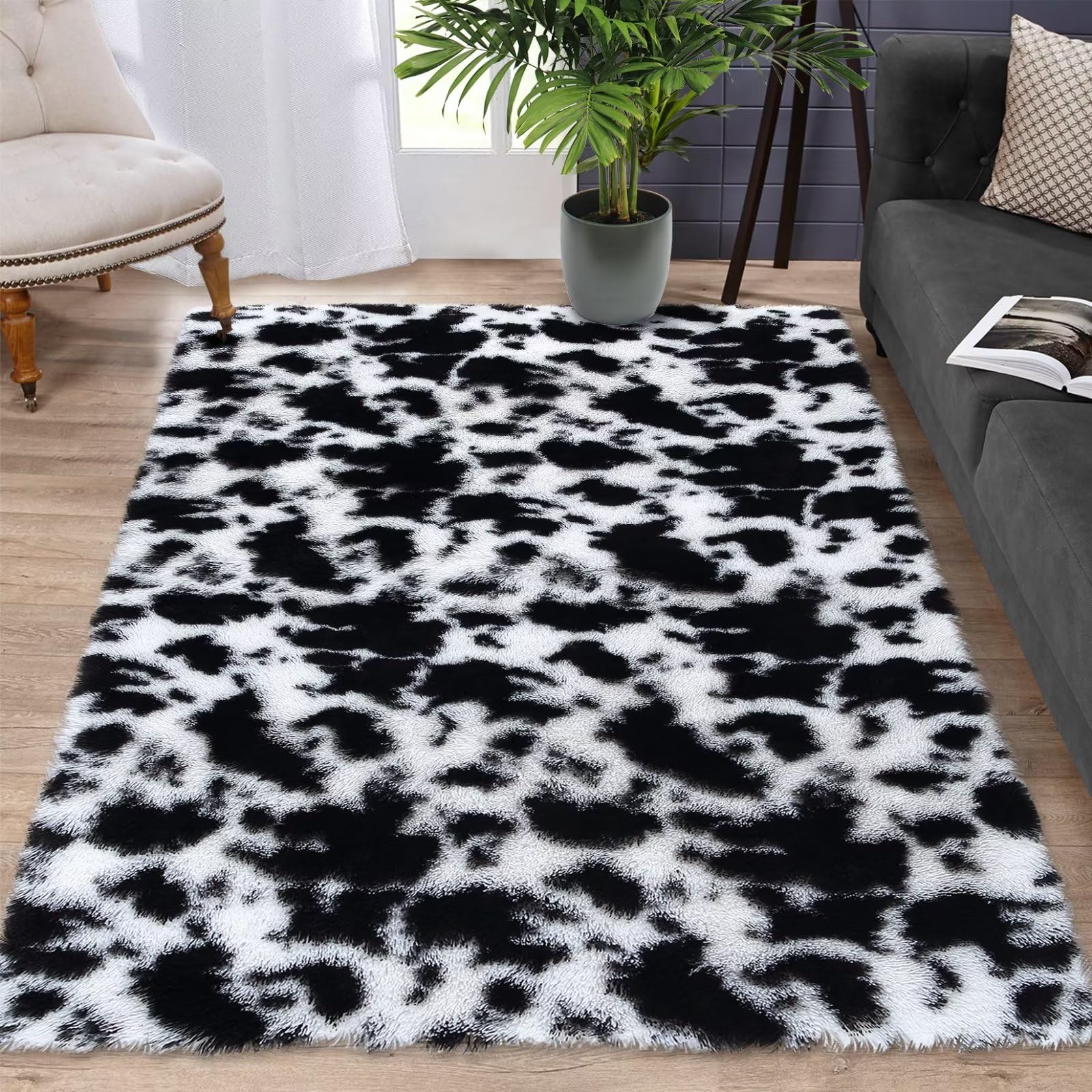 8x10 tie-dye shag rug, plush faux fur with non-slip backing, modern home decor.