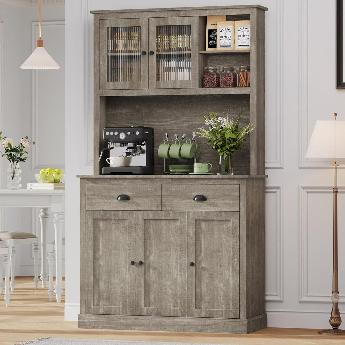 Garvee Farmhouse 71" Freestanding Pantry Cabinet with  Drawers and Adjustable Shelves, Grey