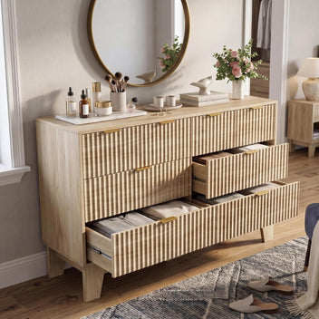 Garvee Modern Fluted 8-Drawer Dresser Chest - 47" Wide Wooden Storage Cabinet - Metal Handles, Versatile Organizer for Bedroom, Living Room, Entryway, Oak