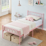 Garvee Pink Metal Twin Bed Frame with Headboard and Footboard for Girls and Boys, Twin Size Platform Bed Frame with Iron-Art Sweet Heart, No Box Spring Needed, Easy Assembly - Pink