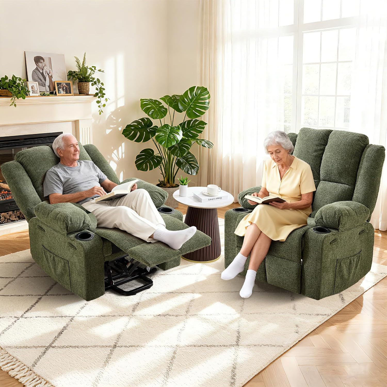 Garvee Oversized Power Lift Recliner Chair for Elderly, 155° Adjustable Lay Flat Lift Chair with Heat and Massage, Standing Assistance, Overstuffed Backrest, Cup Holders, Side Pocket for Living Room, Green
