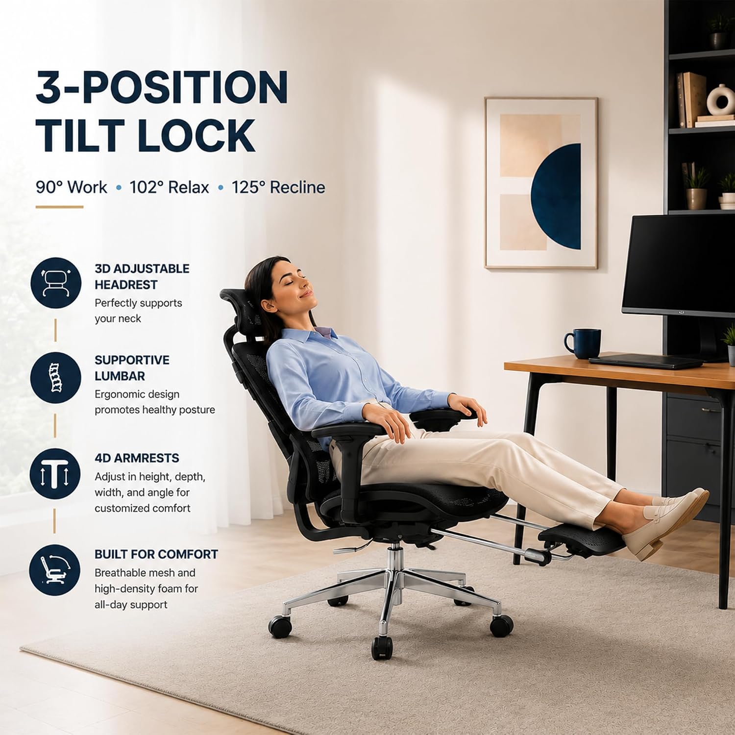 Garvee Ergonomic Office Chair - Fabric Upholstery, Adjustable Height, Reclining Back, Adjustable Armrests, Footrest, Split Back Design, Ideal for Home Office or Computer Desk - Black XL