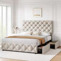 Queen-size upholstered bed frame with diamond-tufted headboard and storage drawers, white.