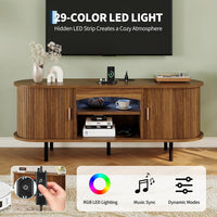 Garvee 55" Fluted TV Stand for TVs Up to 65", Mid Century Media Console with LED Lights and Power Outlet, Entertainment Center with Storage, Sliding Door & Adjustable Shelf for Living Room, Walnut