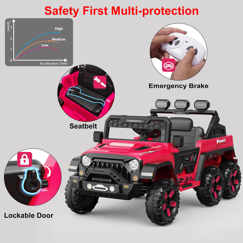 GARVEE Rose Red 24V ride-on car safety belt lockable door and driving details