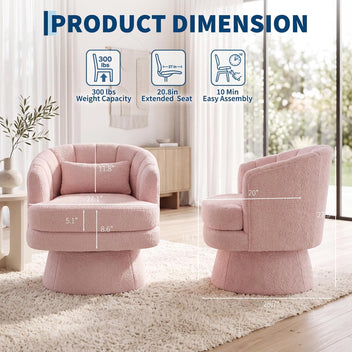 Garvee 360° Swivel Barrel Accent Chair with Lumbar Pillow, Soft Upholstered Single Armchair, Round Base for Living Room/Bedroom/Vanity - Waist Pillow | Stuffed Fur | Pink