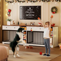 Garvee 47" Dog Crate Furniture Indoor with 2 Drawers & 4 Shelves, Large Dogs Kennel Furniture TV Stand, Wooden Dog Cage for Large Medium Dogs, White & Brown Top