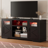 Garvee Farmhouse TV Stand with LED Lights, Entertainment Center for 65/60/55 Inches Televisions, TV Console with Storage Cabinets and Open Shelves, TV Cabinet for Living Room, Bedroom, Black - Black