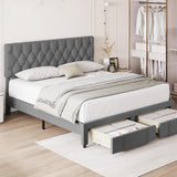 Garvee Full Size Bed Frame with 2 Storage Drawers, Upholstered Platform Bed Frame with Adjustable Button Tufted Headboard, No Box Spring Needed, Mattress Foundation with Solid Wooden Slats Support - Gray