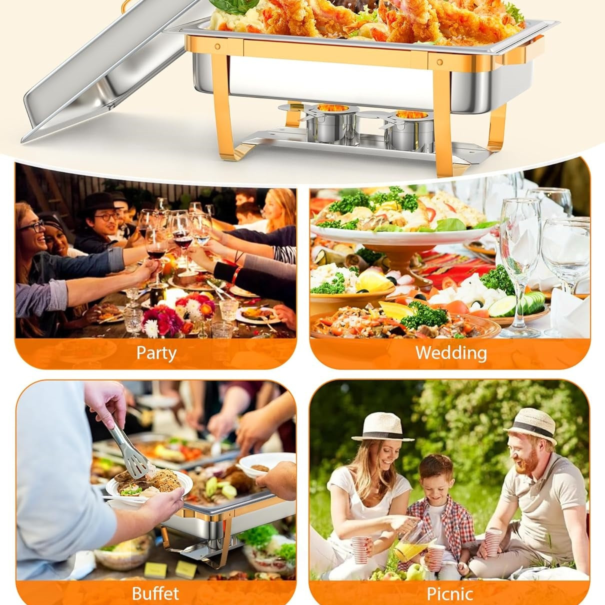 Garvee 8QT Stainless Steel Chafing Dish Buffet Set (2-Pack) - Foldable Food Warmers with Lids & Fuel Cans for Weddings, Catering, and Parties (Gold)