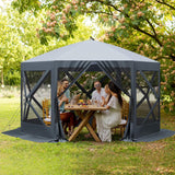 Garvee 12x12ft Camping Gazebo, Portable Pop Up Canopy Screen Tent 6 Sided with Mesh Windows and Carry Bag for Camping, Outdoor, Picnic, Backyard Party Outside Activities, Gray - Grey