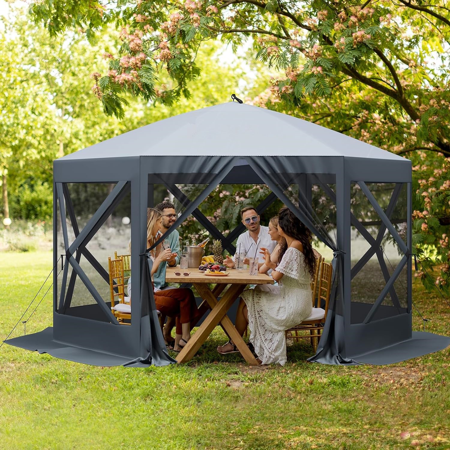Garvee 12x12ft Camping Gazebo, Portable Pop Up Canopy Screen Tent 6 Sided with Mesh Windows and Carry Bag for Camping, Outdoor, Picnic, Backyard Party Outside Activities, Gray