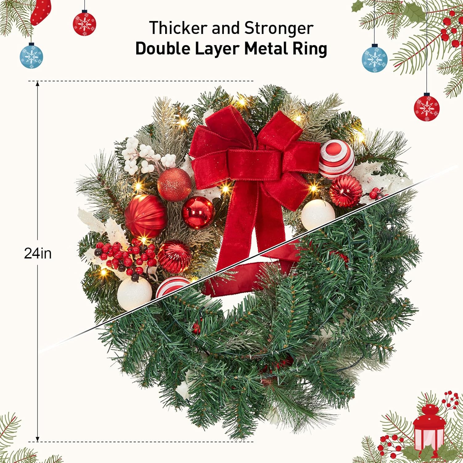 Garvee Pre-Lit Christmas Wreath for Front Door, 24 Inch Large Lighted Wreath with Xmas Balls, Red Bow & Berries, Battery Operated Christmas Wreath for Fireplace Window Wall Xmas Decoration, Red
