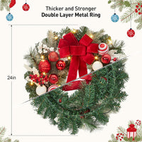 Garvee Pre-Lit Christmas Wreath for Front Door, 24 Inch Large Lighted Wreath with Xmas Balls, Red Bow & Berries, Battery Operated Christmas Wreath for Fireplace Window Wall Xmas Decoration, Red