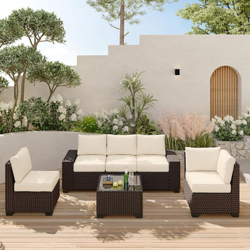 Outdoor sectional sofa set, weather-resistant wicker for garden or backyard use.