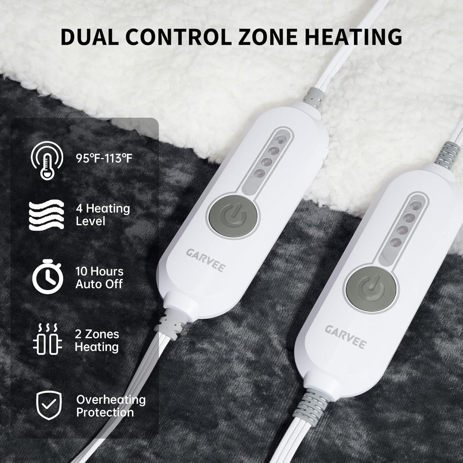Garvee Electric Blanket King Size with Dual Controls, 4 Heat Settings & 10H Auto Off, Velvet Soft Heating Blankets, ETL Certified, Heated Blanket King Size, Machine Washable, 90"x100" Grey