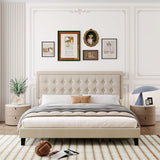 Garvee King Size Platform Bed Frame with Upholstered Button Tufted Headboard, Metal Foundation with Wood Slats Support No Box Spring Needed for Bedroom in Beige - Beige
