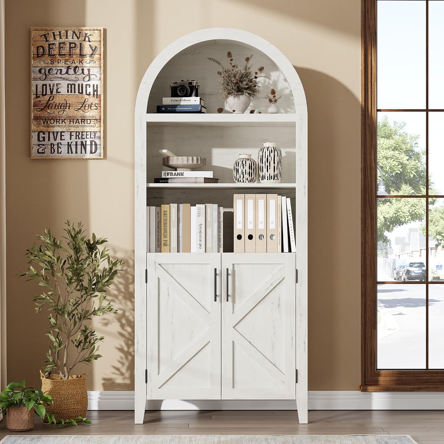Garvee 5-Tier Arched Bookcase, Bookshelf with Adjustable Shelves, Home Office Shelf Storage Organizer, Floor Standing Display Storage Shelves for Bedroom/Living Room, White
