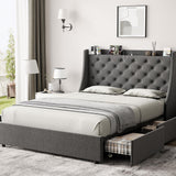 Garvee Queen Bed Frame with 4 Storage Drawers, USB & Type-C Charging Ports, Upholstered Wingback Headboard, Metal Frame, Easy Assembly - Dark Gray