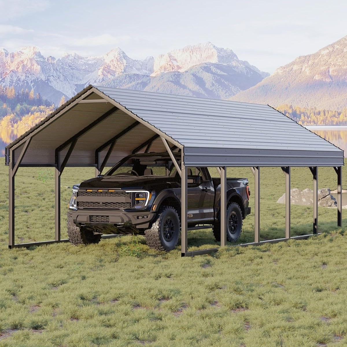 Garvee 12x25 FT Metal Carport Oversized Reinforced Frame Steel Roof Rust-Resistant Triple Coated All-Weather Shelter for Trucks Boats Tractors