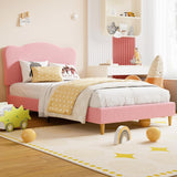 Garvee Twin Size Upholstered Bed Frame with Adjustable Crown Headboard, Velvet Princess Platform Bed, Heavy Duty, Solid Wood Slat Support, No Box Spring Needed, Easy Assembly, Pink - Pink