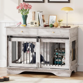 Garvee Dog Crate Furniture for 2 Dogs, 47" Double Dog Kennel with Removable Divider and 2 Drawers, Decorative TV Stand Side Table, Indoor Pet Cage for Large/Medium/Small Dogs, Gray