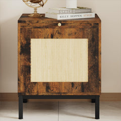 Garvee Rattan Night Stand, Retro End Table with Storage Cabinets and Tray, Side Table with Sturdy Metal Legs for Bedroom, Living Room, Office, Brown - Brown