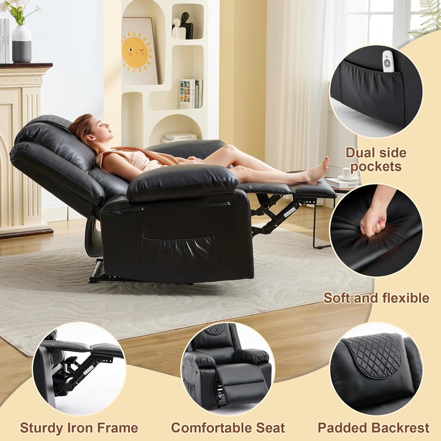 Garvee Manual Massage Recliner Chair with Heating for Adult, PU Leather Recliner Chairs Single Sofa with Side Storage Pockets and Remote Control, Suitable for Living Room/Bedroom, Black