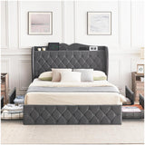 Garvee Full Size Bed Frame with 4 Storage Drawers & Charging Station, Velvet Upholstered, Tall Headboard, Wooden Slats, Light Grey - Gray