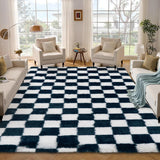 Garvee Checkered Rug 10x13 Blue White, Thick Shag Washable Non-Slip Large Area Rug for Living Room Bedroom Home Decor - Navy Blue