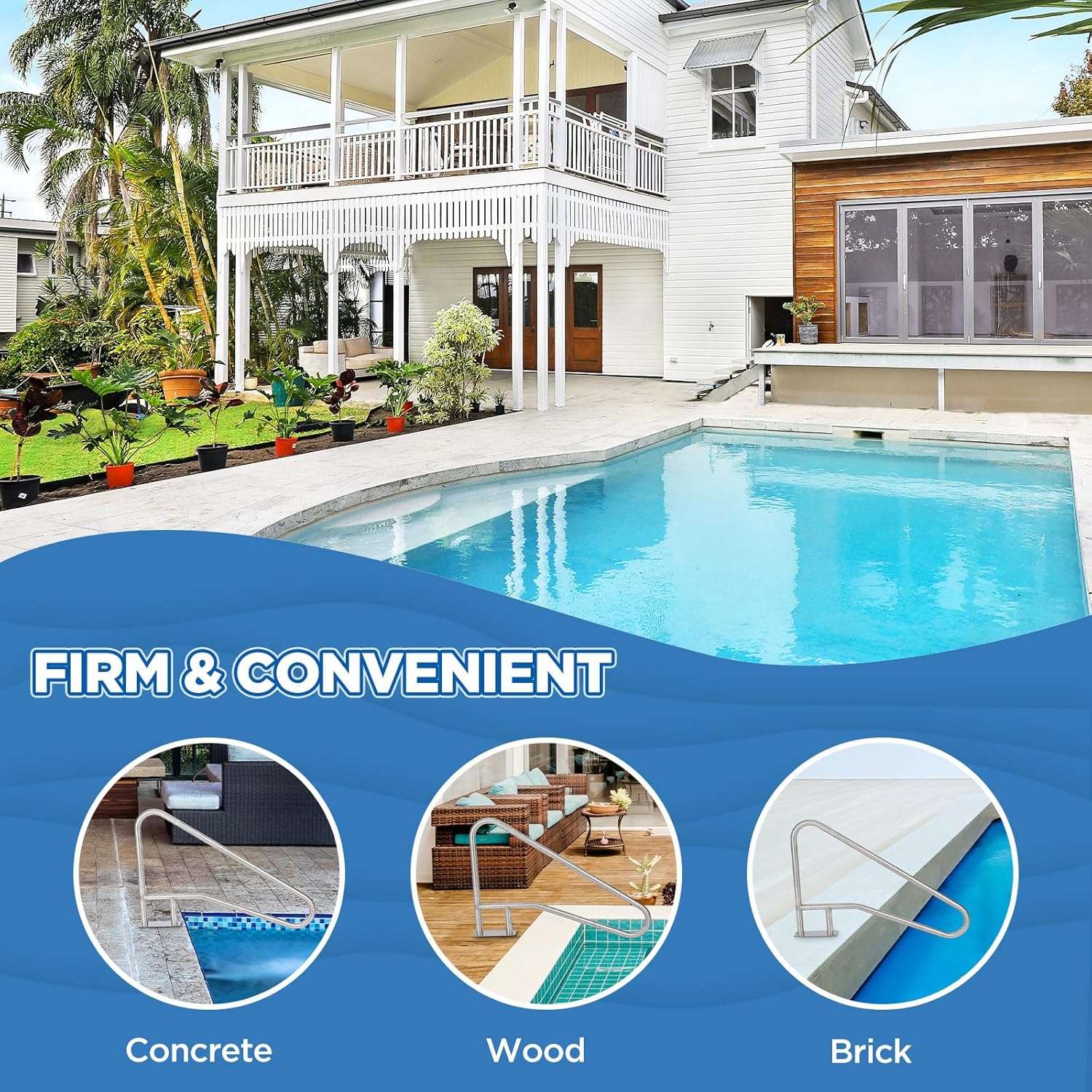 Garvee Pool Handrail 54x36 Pool Rail 304 Stainless Steel Silver Rustproof Pool Stair Rail with Blue Grip Cover Humanized Swimming Pool Railing, Quick Mount Accessories for Pools and Spas