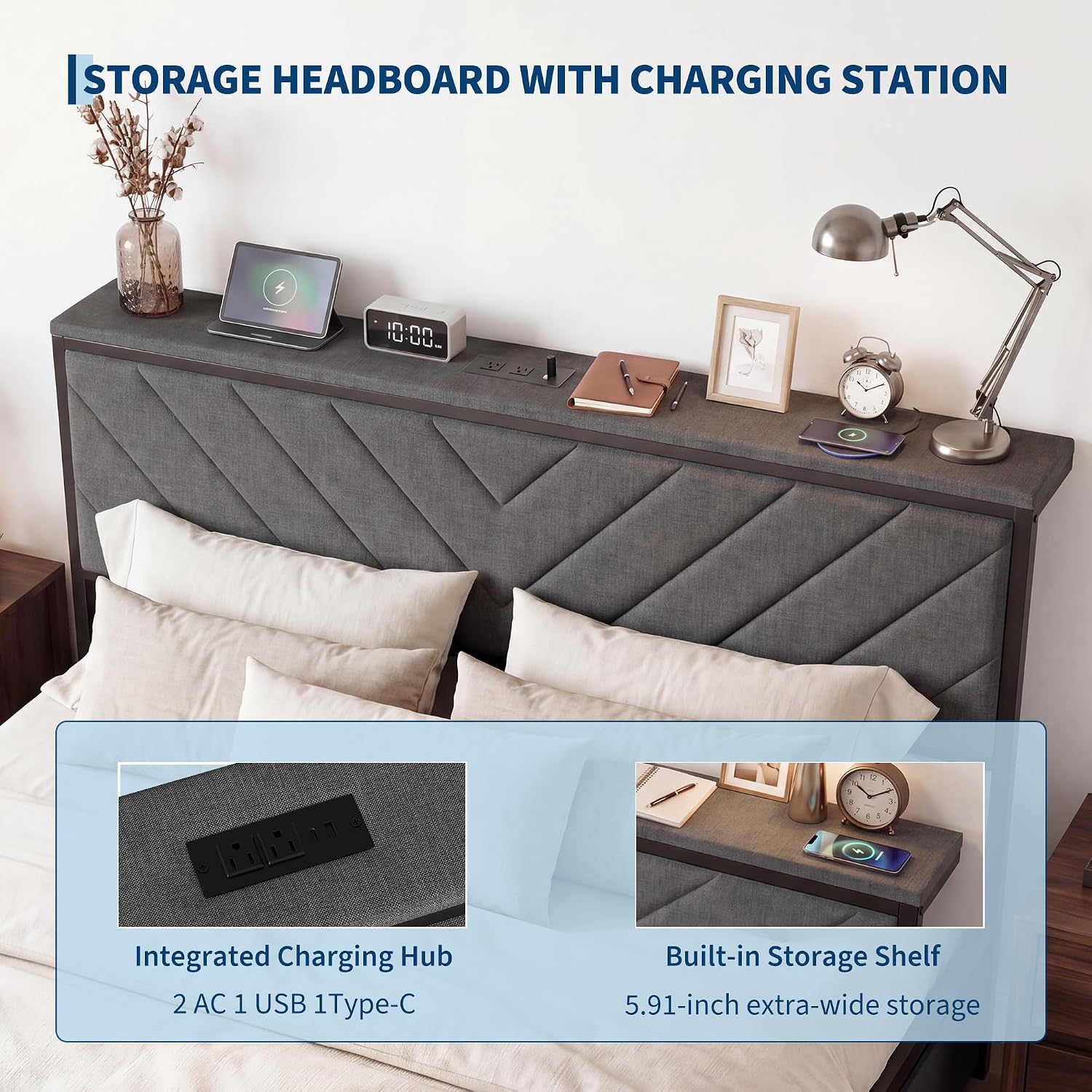 Garvee Full Size Metal Platform Bed Frame with Upholstered Storage Headboard & Shelf, 2 Rolling Underbed Drawers, Charging Station, No Box Spring Needed, Easy Assembly, Gray
