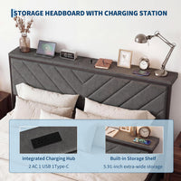 Garvee Full Size Metal Platform Bed Frame with Upholstered Storage Headboard & Shelf, 2 Rolling Underbed Drawers, Charging Station, No Box Spring Needed, Easy Assembly, Gray