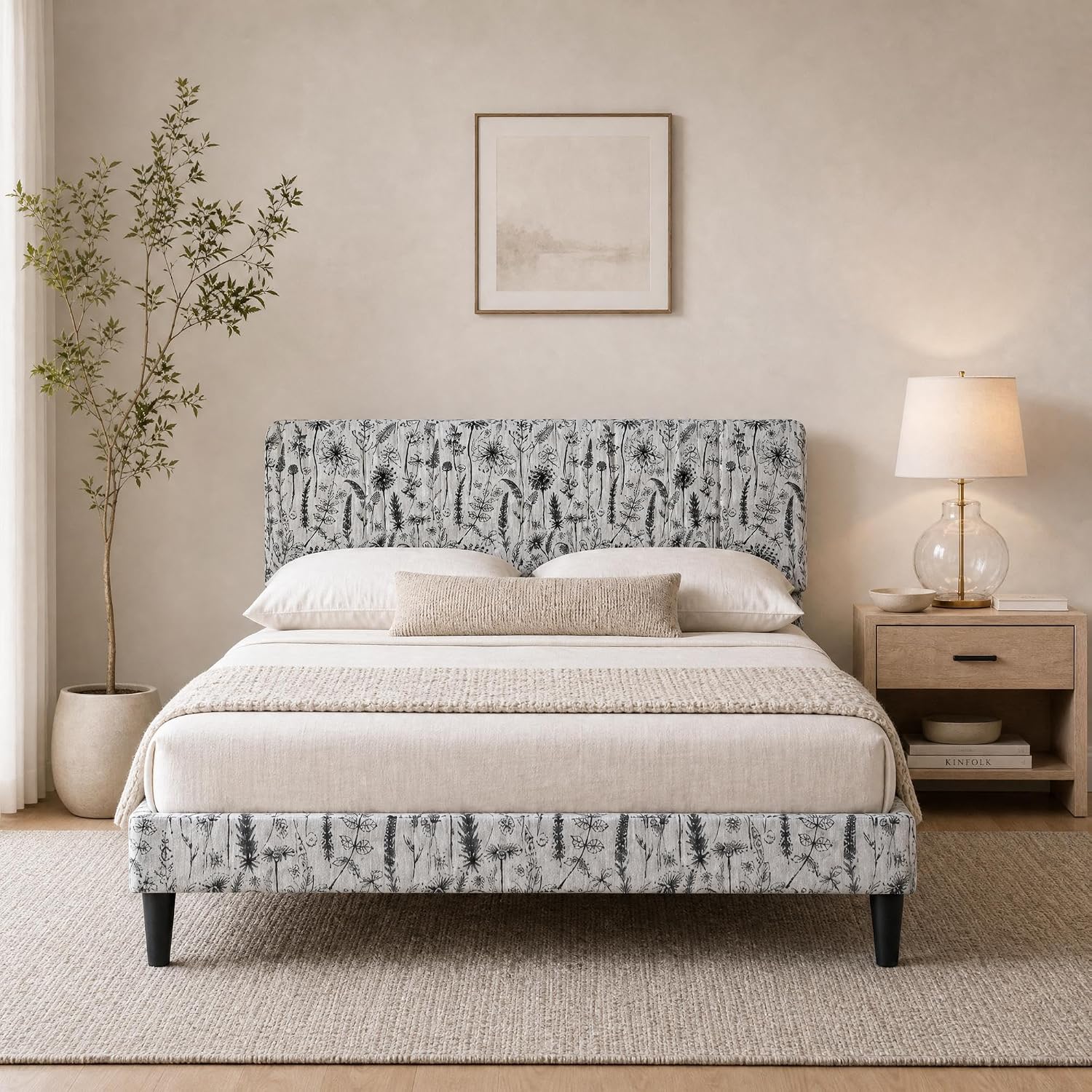 Garvee Botanical Print Upholstered Platform Queen Szie Bed Frame with Adjustable Headboard - Wood Slat Support, Noise-Free, No Box Spring Needed, Easy Assembly