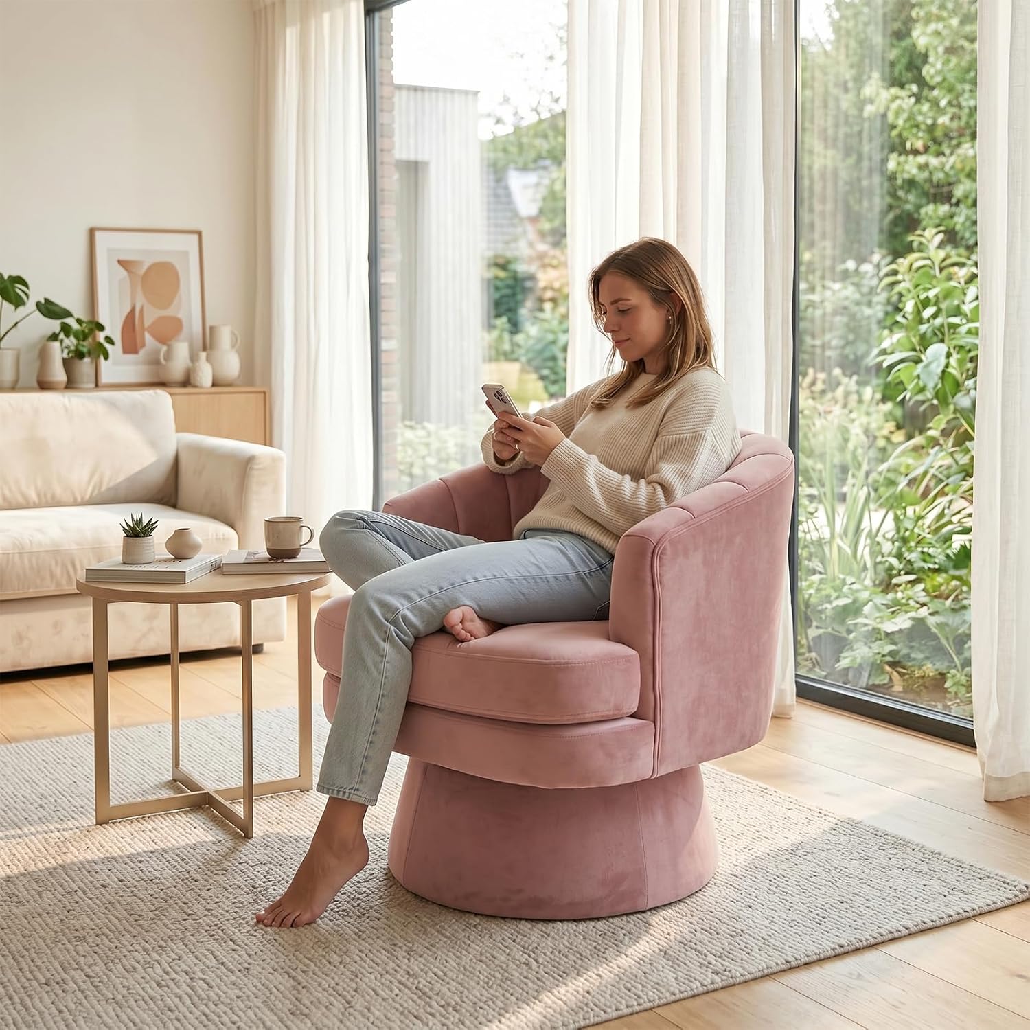 Garvee 360° Swivel Barrel Accent Chair with Lumbar Pillow, Soft Upholstered Single Armchair, Round Base for Living Room/Bedroom/Vanity - With lumbar pillow | velvet | pink