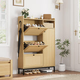 Garvee Rattan Shoe Storage Cabinet with 3 Flip Drawers, Freestanding Organizer with Adjustable Shelves for Entryway, Narrow Shoe Rack Cabinet for Hallway, Easy Assembly, Oak - Oak
