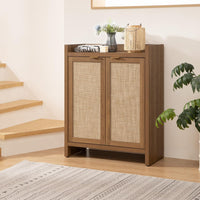 Garvee Boho 32" Rattan Shoe Storage Cabinet with 2 Doors and Adjustable Shelves for Entryway, Hallway, Living Room and Bedroom, Dark Oak