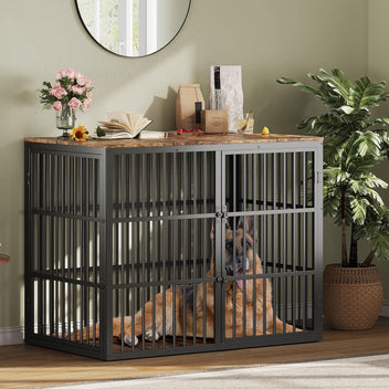 Garvee 47" Dog Crate Furniture, 3-In-1 Wooden Dog Kennel with 3 Lockable Doors, Heavy Duty Metal Frame & Sturdy Panels, Large End Table for Medium to Large Breeds, Brown & Black