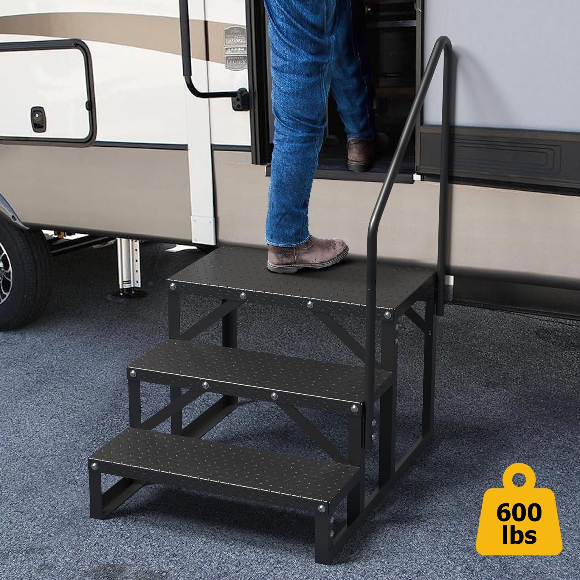 GARVEE RV steps with handrail used at camper entry door with 660 lb capacity label